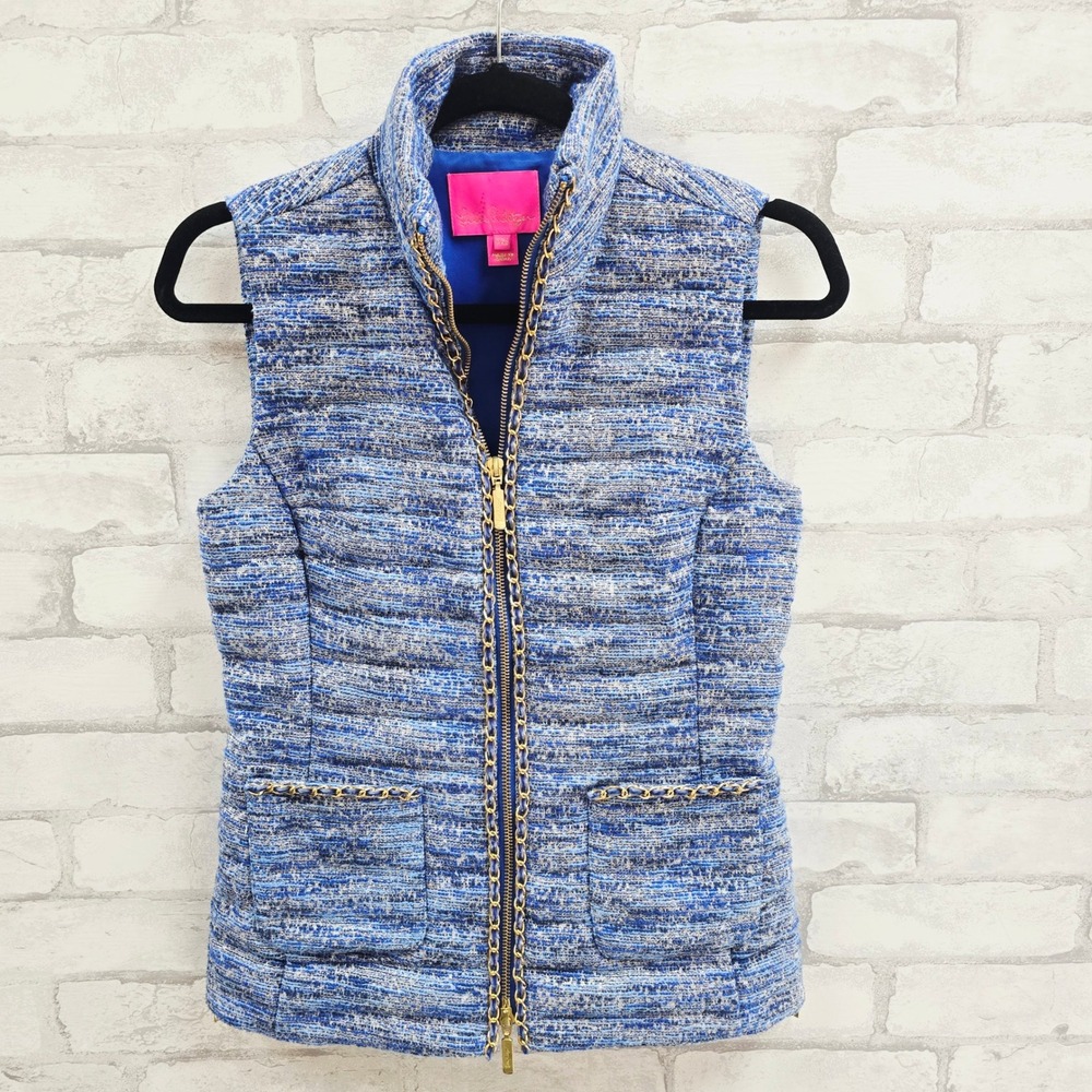 Lilly‎ Pulitzer Quilted Tweed Vest | Blue + Gold Chain Detail | Down Filled | XS